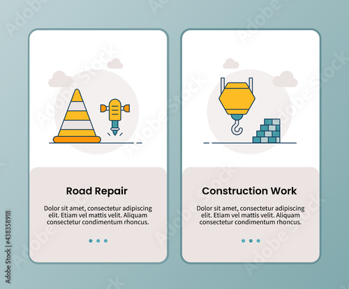 road repair construction work campaign for onboarding mobile apps application banner template with filled color style