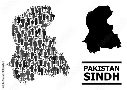 Map of Sindh Province for demographics propaganda. Vector population mosaic. Concept map of Sindh Province created of social icons. Demographic concept in dark grey color tints.