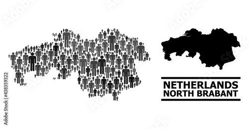 Map of North Brabant Province for politics projects. Vector population collage. Composition map of North Brabant Province organized of guy items. Demographic scheme in dark gray color variations.