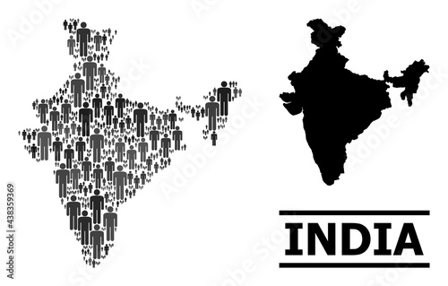 Map of India for social doctrines. Vector population mosaic. Abstraction map of India combined of social elements. Demographic scheme in dark grey color variations.