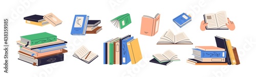 Stacks of books for reading, pile of textbooks for education. Set of literature, dictionaries, encyclopedias, planners with bookmarks. Colored flat vector illustration isolated on white background photo