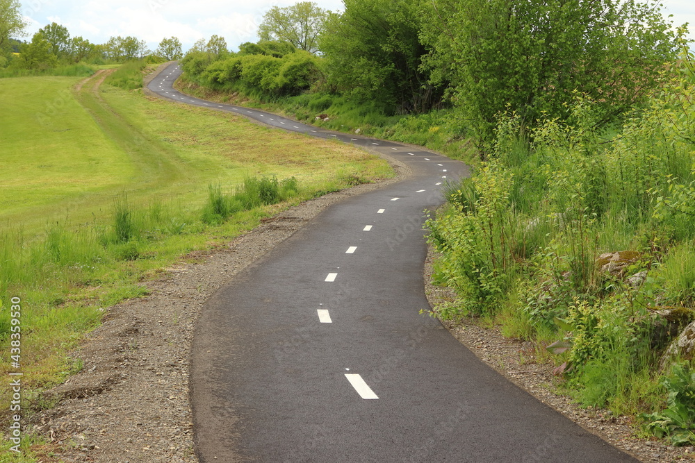 winding narrow asphalt road between fields and trees with a visible dashed line winding narrow asphalt road between fields and trees with a visible dashed line
