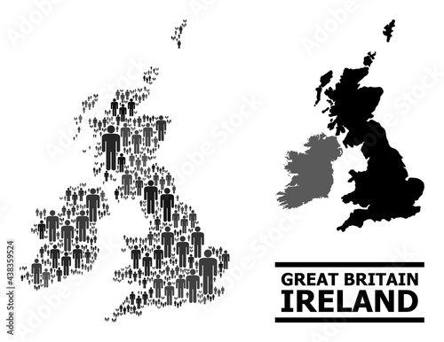 Map of Great Britain and Ireland for demographics applications. Vector demographics mosaic. Mosaic map of Great Britain and Ireland done of person items. Demographic scheme in dark gray color tints.