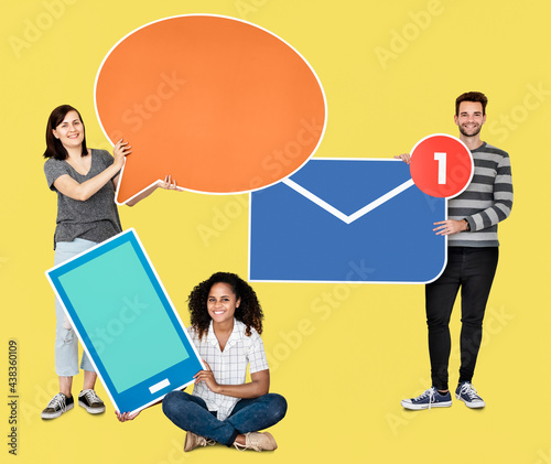 People holding different types of communication icons