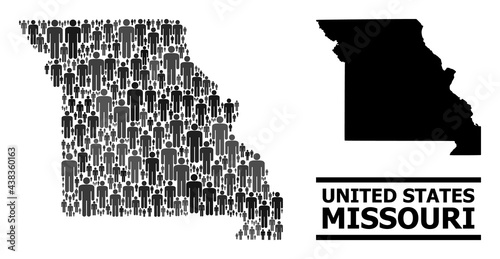 Map of Missouri State for social posters. Vector demographics mosaic. Concept map of Missouri State composed of population elements. Demographic concept in dark grey color tinges.