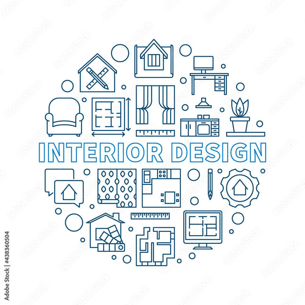Interior Design vector round concept outline illustration