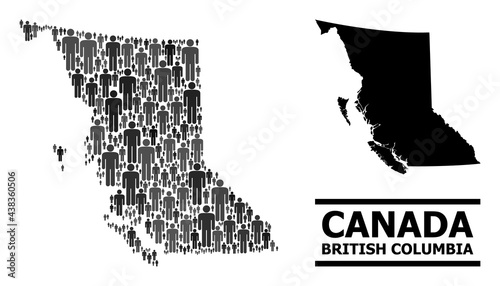 Map of British Columbia Province for social agitprop. Vector nation abstraction. Concept map of British Columbia Province made of human elements. Demographic concept in dark grey color shades.