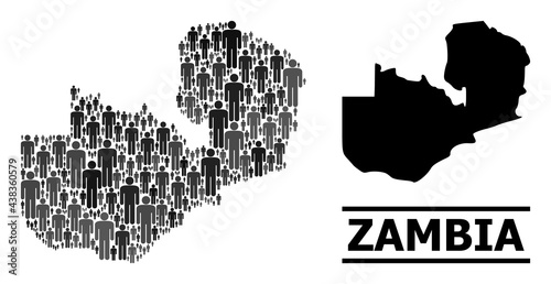 Map of Zambia for national applications. Vector population collage. Collage map of Zambia designed of population items. Demographic scheme in dark gray color tints.