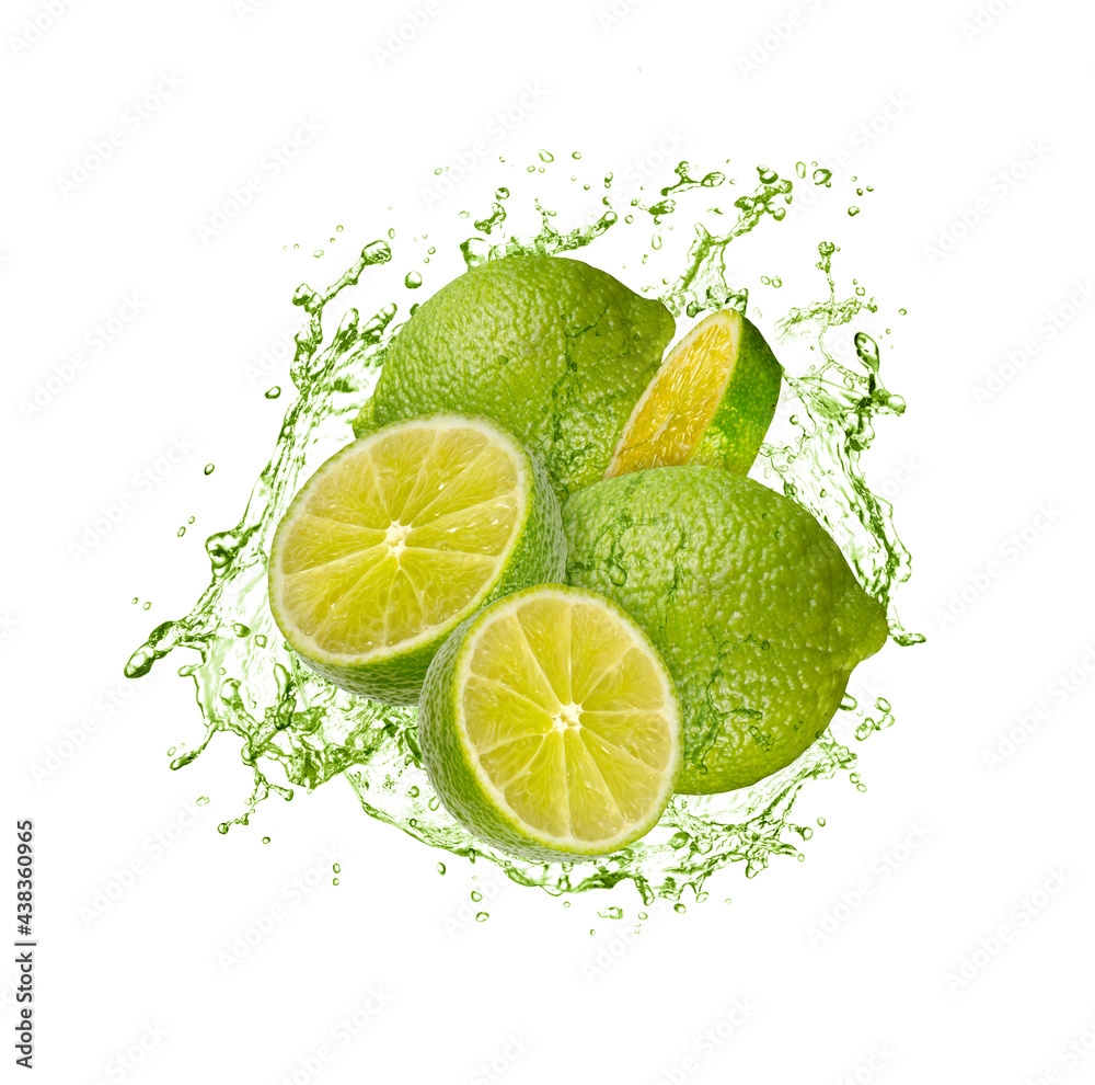 limes with water splash, isolated on white background limes with water splash, isolated on white background