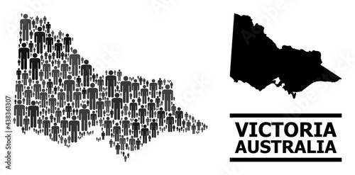 Map of Australian Victoria for national purposes. Vector demographics abstraction. Abstraction map of Australian Victoria combined of human icons. Demographic scheme in dark gray color shades.