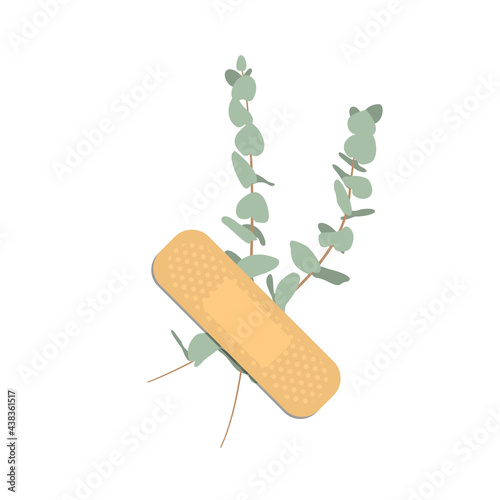 Sticking plasters and greenery. Medical patch with plant isolated on white background. Stock vector illustration.