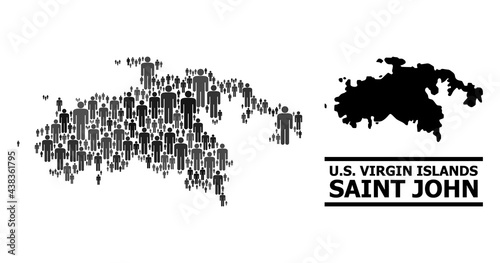 Map of Saint John Island for social purposes. Vector population mosaic. Collage map of Saint John Island done of social elements. Demographic concept in dark grey color hues.