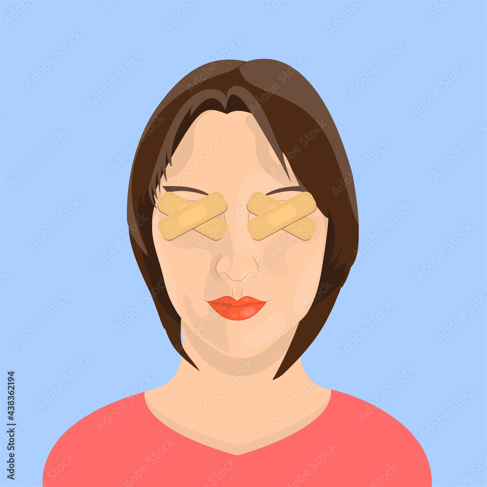 Sticking plaster covering woman eyes. Brainwashed person concept. Flat style vector illustration. Sticking plaster covering woman eyes. Brainwashed person concept. Flat style vector illustration.