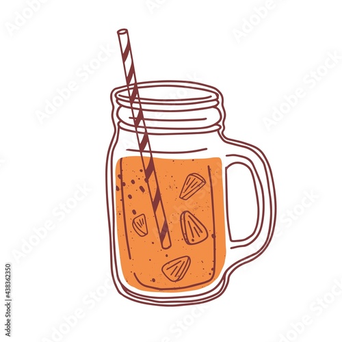 Summer orange cocktail in glass jar with handle and straw. Natural juicy smoo...