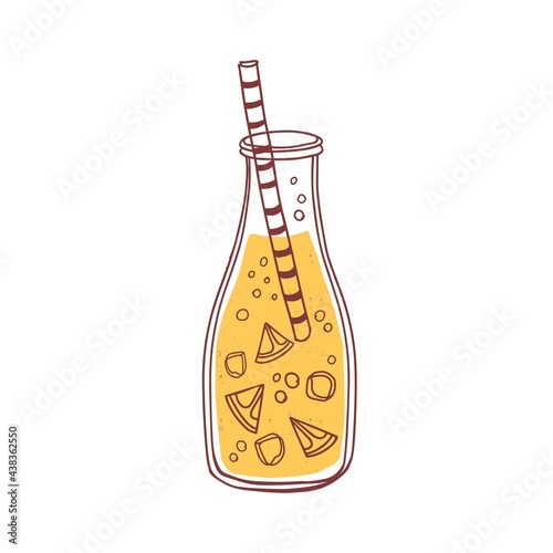 Glass bottle of summer citrus lemonade with straw. Refreshing cold detox drin...
