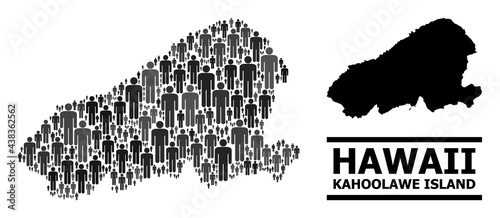 Map of Kahoolawe Island for social proclamations. Vector nation mosaic. Concept map of Kahoolawe Island combined of social icons. Demographic concept in dark grey color tinges.