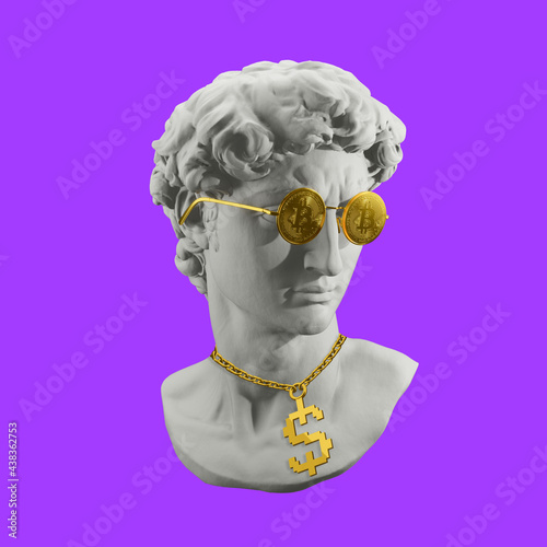 Creative. Plaster statue of David's head in bitcoinglasses. Minimal concept art. 3d render.