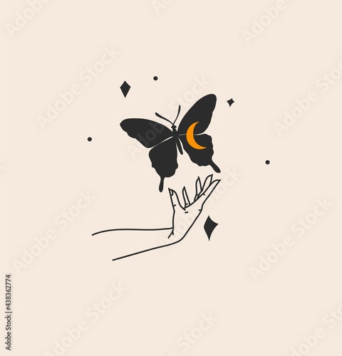 Hand drawn vector abstract stock flat graphic illustration with logo element,bohemian magic art of butterfly silhouette in witch woman hand,simple style for branding,isolated on color background
