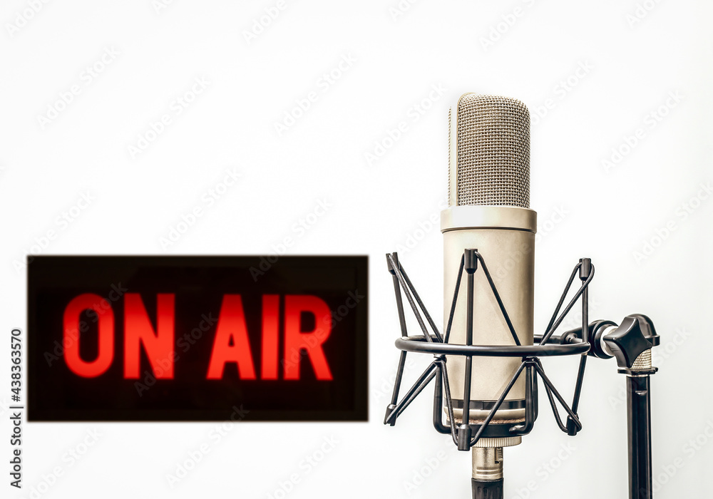 Fototapeta premium microphone in radio station studio and on air sign