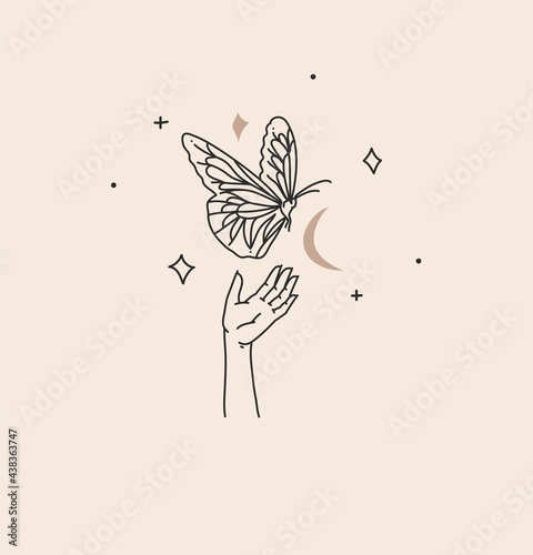 Hand drawn vector abstract stock flat graphic illustration with branding logo,bohemian celestial magic art of butterfly,crescent silhouette in woman hand,simple style,boho astrology feminine concept.