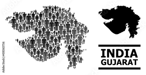 Map of Gujarat State for demographics agitation. Vector demographics abstraction. Abstraction map of Gujarat State combined of guy icons. Demographic scheme in dark gray color hues.