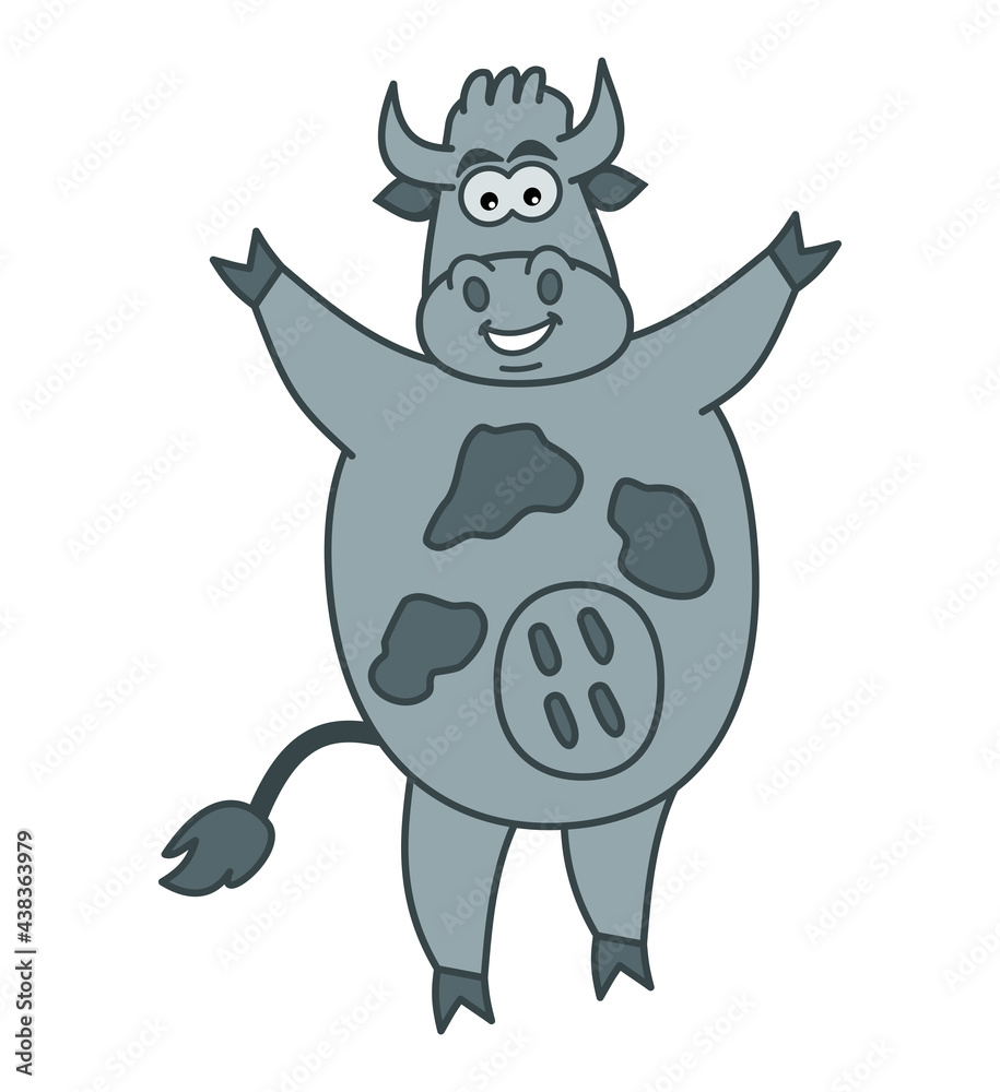 Cute standing and smiling dairy cow with spots in a single colour Cute standing and smiling dairy cow with spots in a single colour