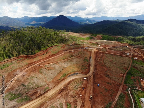 Aerial view of construction of Bento Rodrigues city, Minas Gerais, Brazil. 
Earthworks and land clearing work for city construction photo