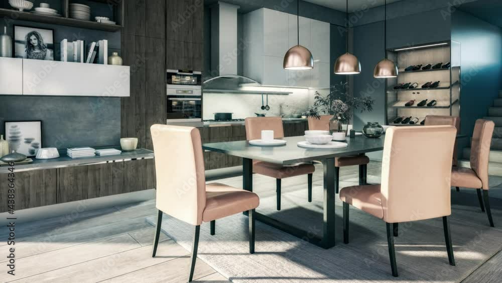 Cute Open Area Kitchen - loopable 3d visualization Cute Open Area Kitchen - loopable 3d visualization