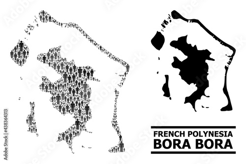Map of Bora-Bora for social projects. Vector nation collage. Collage map of Bora-Bora composed of crowd pictograms. Demographic concept in dark grey color tints.