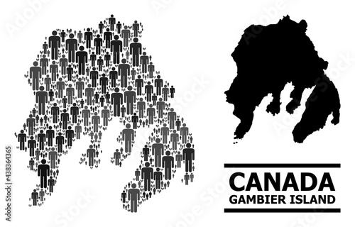 Map of Gambier Island for social doctrines. Vector demographics mosaic. Pattern map of Gambier Island combined of human items. Demographic scheme in dark gray color tinges.