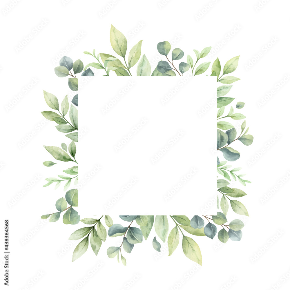 Watercolor vector frame of green branches and leaves.