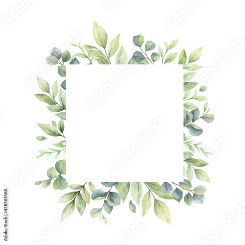 Watercolor vector frame of green branches and leaves.