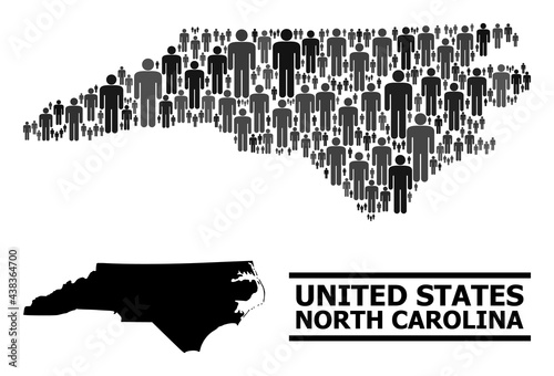 Map of North Carolina State for demographics propaganda. Vector demographics mosaic. Mosaic map of North Carolina State done of man elements. Demographic scheme in dark gray color shades.