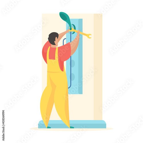 Repair shower stall. Man in uniform screwing watering can shower with wrench. By hand installation new plumbing. Professional plumbing service with repair any complexity. Vector flat illustration