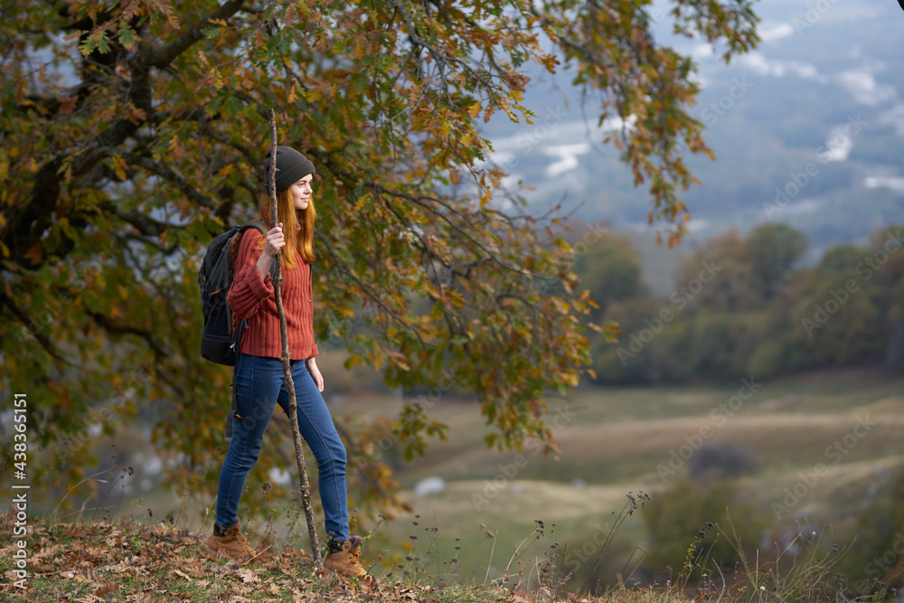 woman hiker walking in the mountains tree travel landscape woman hiker walking in the mountains tree travel landscape