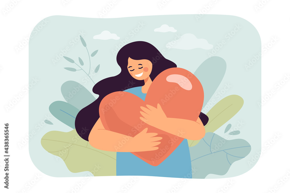 Young woman holding big heart. Female character smiling, getting help, strength and freedom flat vector illustration. Mental health, love, peace concept for banner, website design or landing web page
