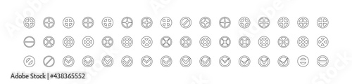 Set of round icons prohibitory signs. Collection of vector signs of cross, check mark, plus in circles. Simple linear black and white illustrations.