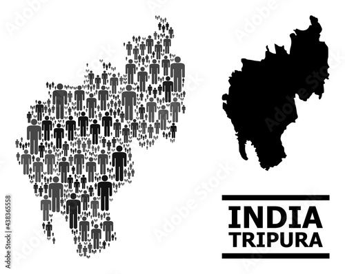 Map of Tripura State for demographics projects. Vector demographics mosaic. Mosaic map of Tripura State designed of man icons. Demographic scheme in dark grey color hues.