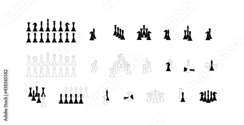 Collection of chess pieces. Set of vector black and white chess icons. Illustration of different chess pieces on a white background. King, queen, rook, knight, bishop and pawn.