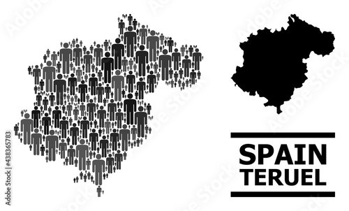 Map of Teruel Province for national proclamations. Vector nation abstraction. Concept map of Teruel Province composed of social items. Demographic concept in dark gray color shades.