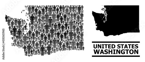 Map of Washington State for demographics proclamations. Vector population mosaic. Mosaic map of Washington State created of human elements. Demographic scheme in dark gray color tinges.