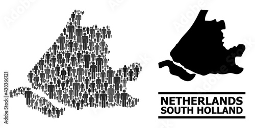 Map of South Holland for demographics doctrines. Vector demographics mosaic. Concept map of South Holland composed of guy items. Demographic scheme in dark gray color tints.