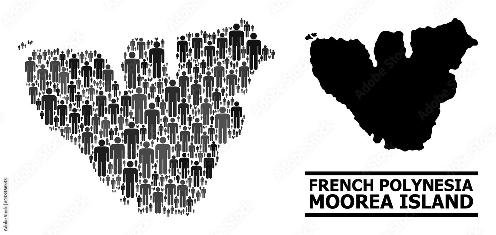 Map of Moorea Island for demographics promotion. Vector demographics collage. Collage map of Moorea Island composed of man icons. Demographic concept in dark grey color variations.