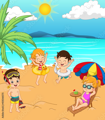 Group of cartoon happy kids at the beach