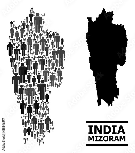 Map of Mizoram State for demographics purposes. Vector demographics mosaic. Abstraction map of Mizoram State organized of people elements. Demographic concept in dark grey color tones.