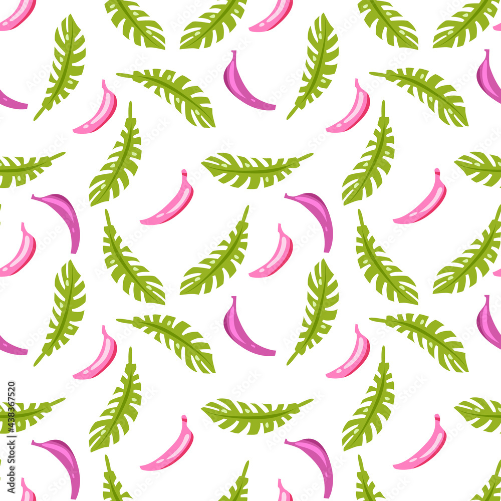 Vector pattern of pink bananas and green leaves on a white background.