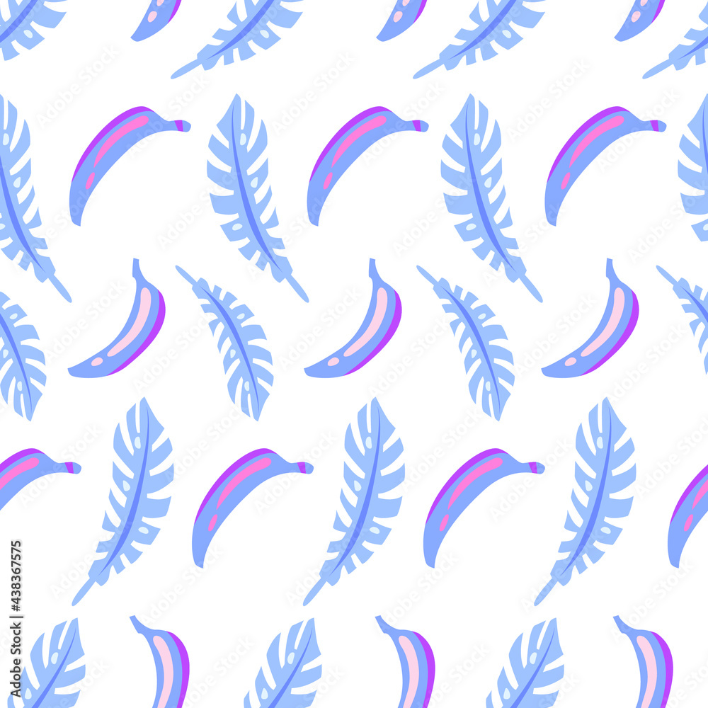 Vector seamless pattern of blue bananas and leaves on a white background. Tropical pattern. Vector seamless pattern of blue bananas and leaves on a white background. Tropical pattern.