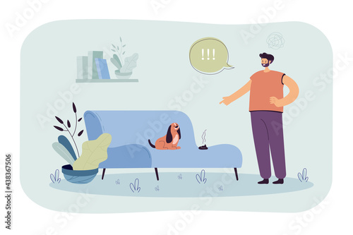 Man angry with mess made by dog. Male character pointing angrily at puppy who pooped on sofa. Screaming at pet. Keeping animals concept for banner, website design