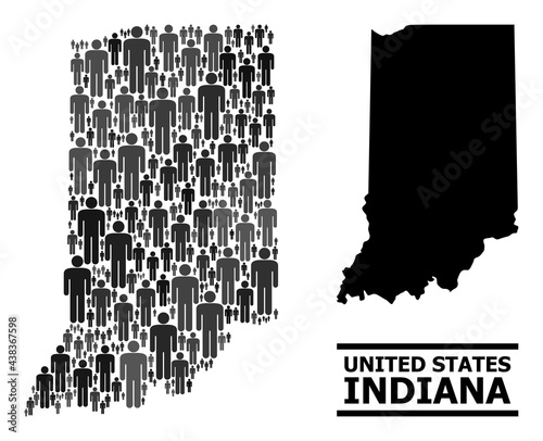 Map of Indiana State for demographics agitation. Vector demographics abstraction. Pattern map of Indiana State done of person elements. Demographic scheme in dark grey color variations.