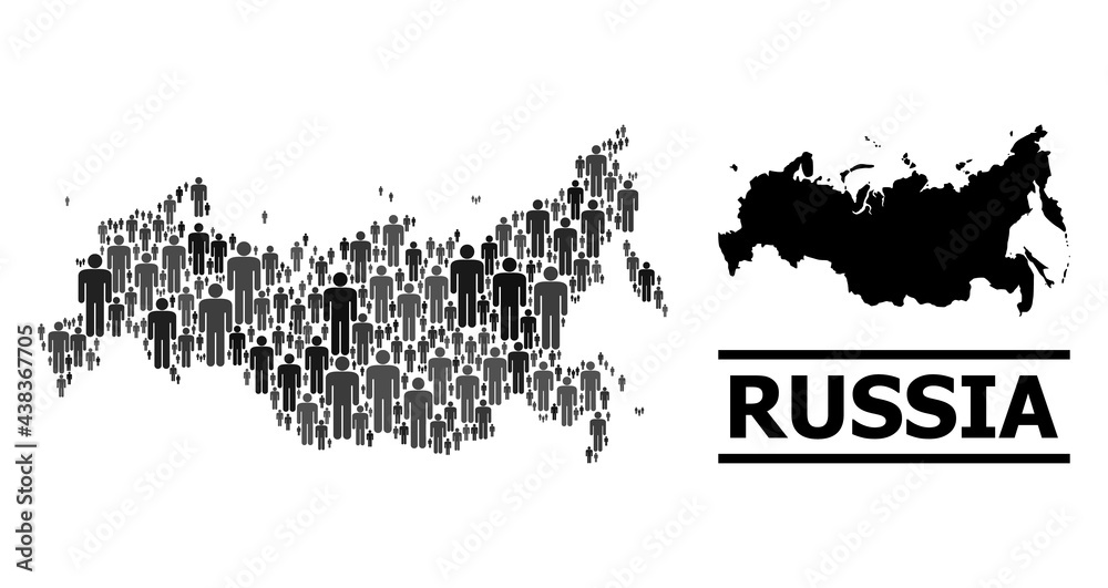 Map of Russia for political projects. Vector population abstraction. Concept map of Russia done of man icons. Demographic concept in dark grey color tints.